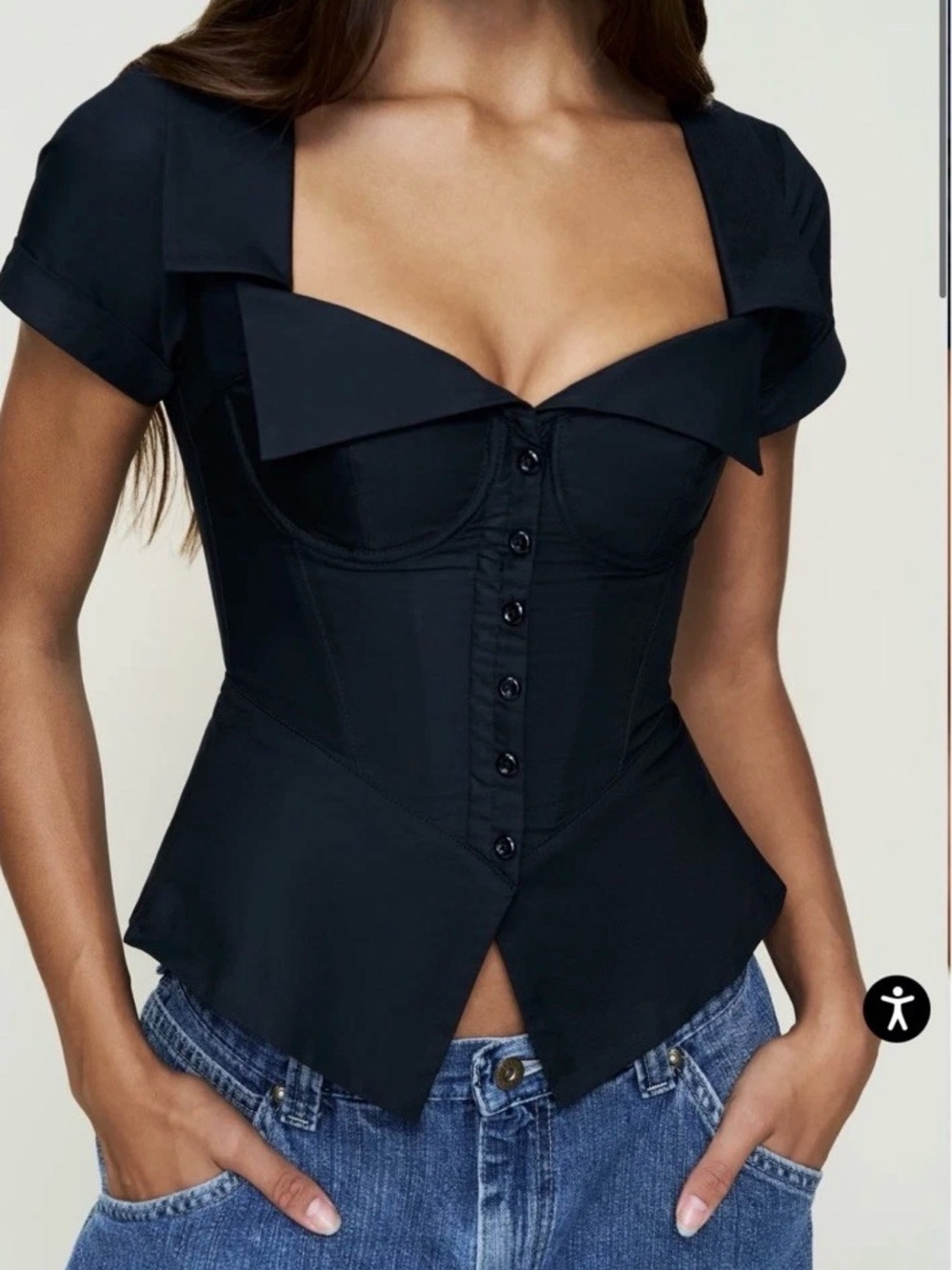 Guzio Black Bustier Sweetheart Corset Top - Women's Button-Front Peplum NWT